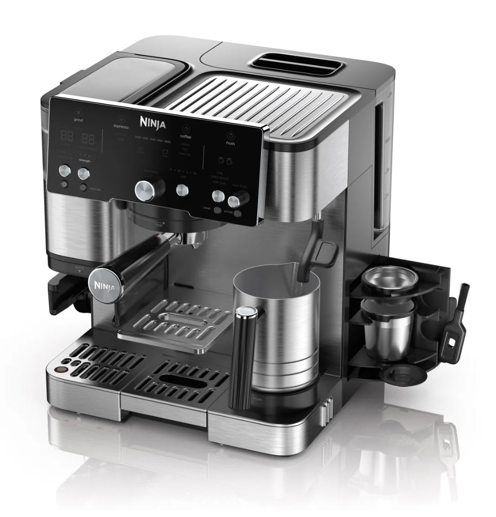 Ninja ES501EU Kaffeevollautomat – 2 l, 9 bar, Milchaufschäumer, Schwarz/Edelstahl, 33,6 × 37,2 × 34,4 cm