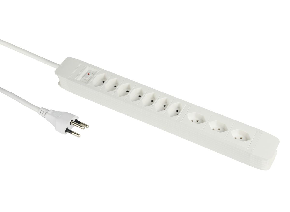 M. Schönenberger Schönenberger PRINCIPIO Steckdosenleiste, 10×T13, mit beleuchtetem Schalter, 2 m, Eingang T12, IP20 – weiss
