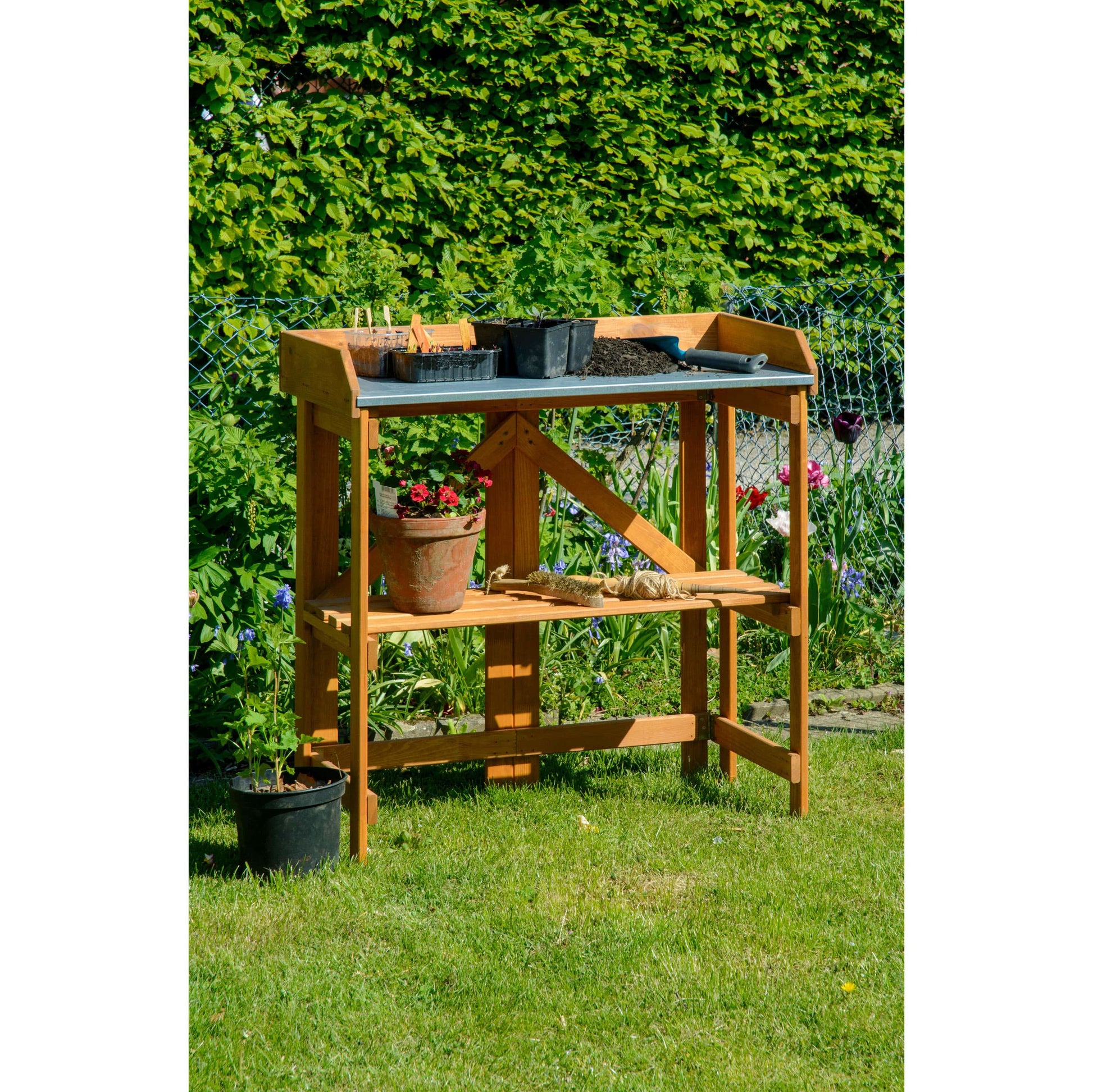Dobar Faltbarer Pflanztisch (mit Ablage) – Kiefernholz – Braun – 850 × 890 × 440 mm