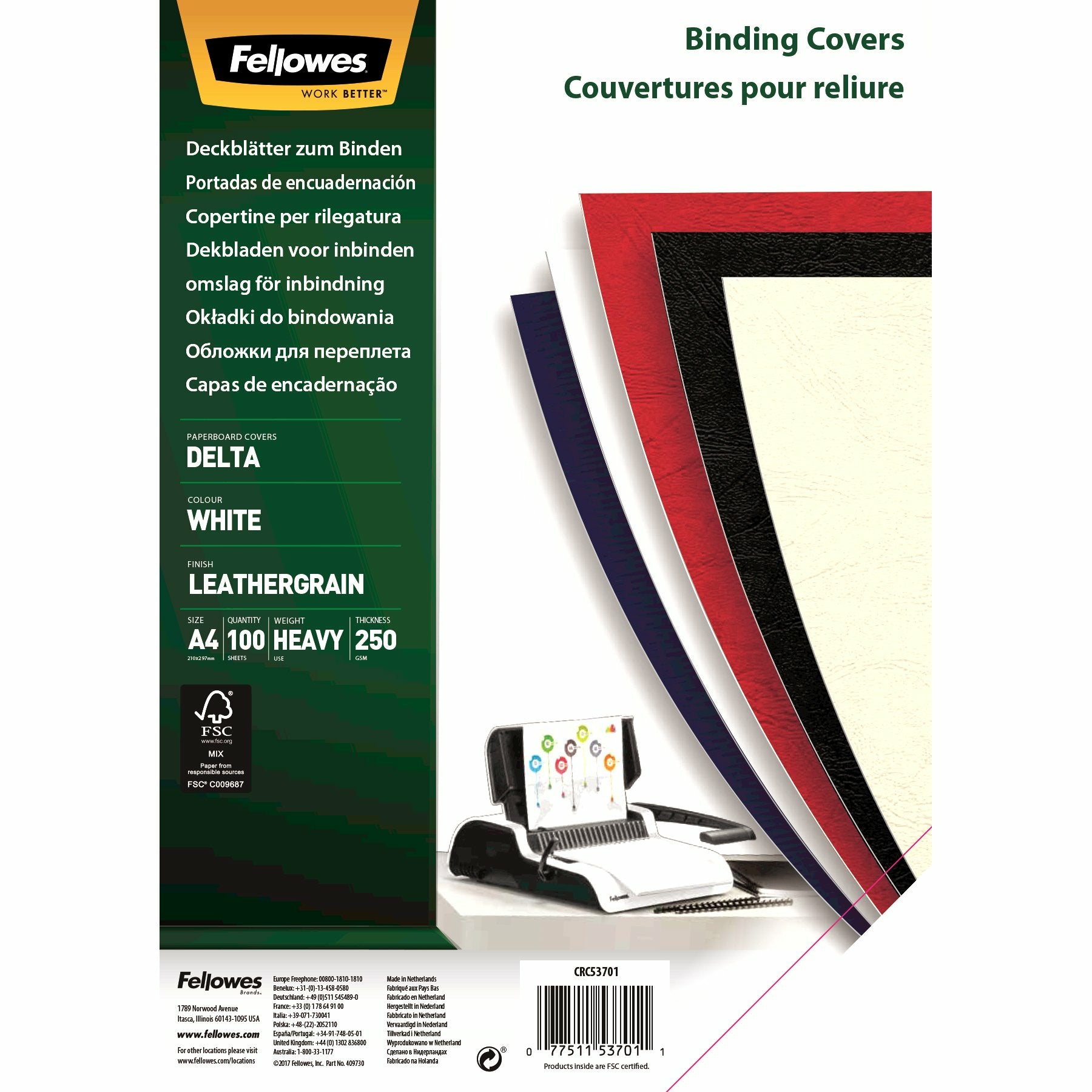 Fellowes Umschlagdeckel – A4 – 250 g/m², Lederstruktur, Papier, Weiss – 100 Stk.
