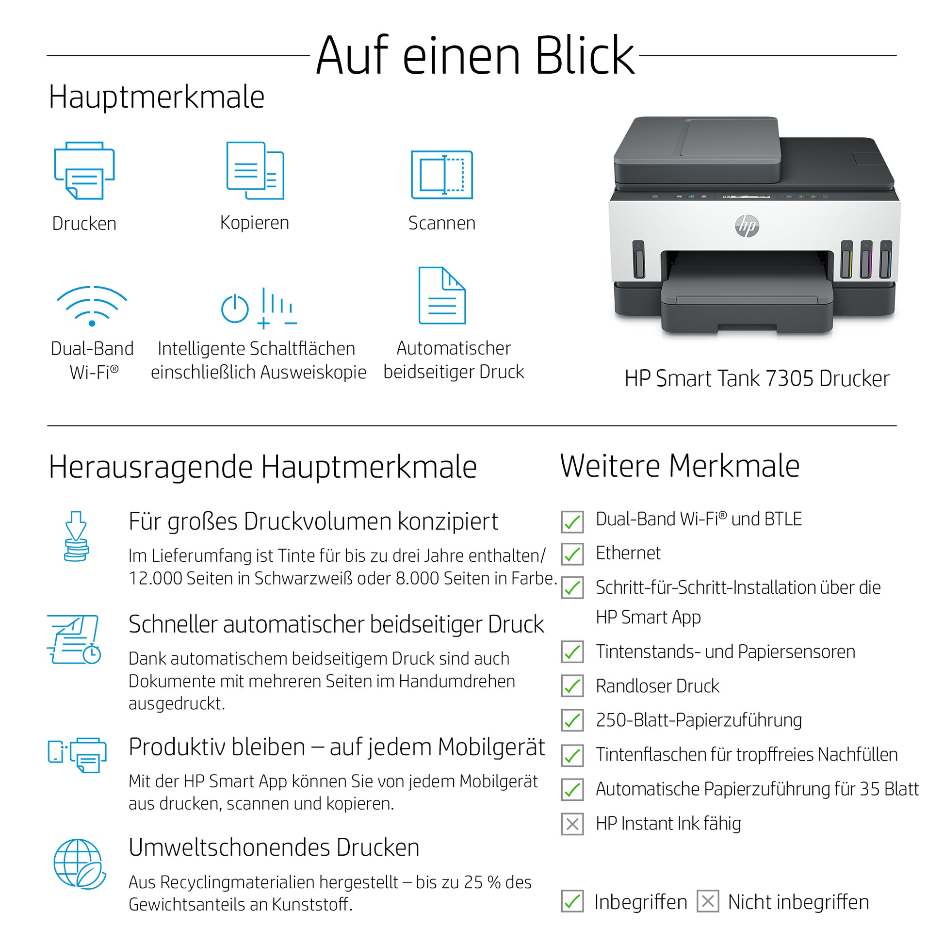 HP Smart Tank 7305 – Farbtintenstrahl-Multifunktionsdrucker, A4, 3-in-1, Duplex, ADF, WLAN/LAN, AirPrint