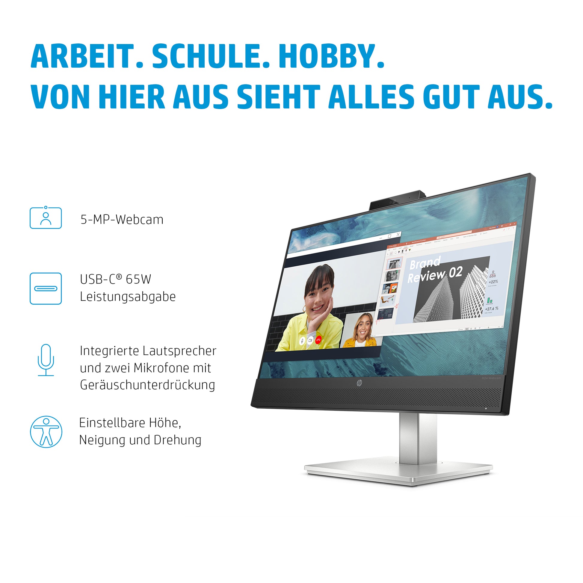 HP E24m G4 – Monitor, 23,8", IPS, 75 Hz, 300 cd/m², Webcam, USB-C, VESA 100 × 100, Schwarz