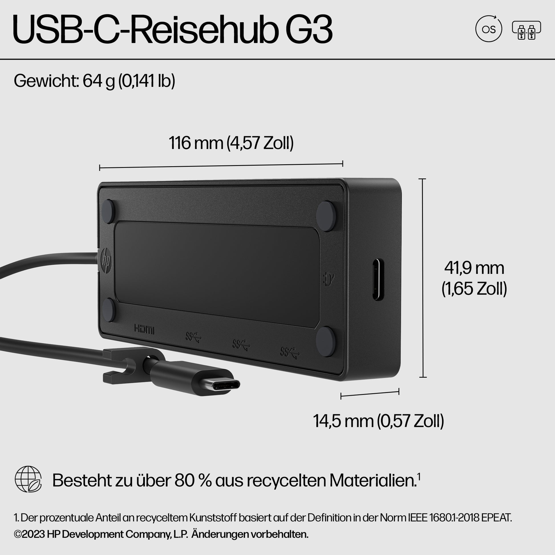HP Travel G3 Multiport-Adapter – USB-C, 1× HDMI, 2× USB-A