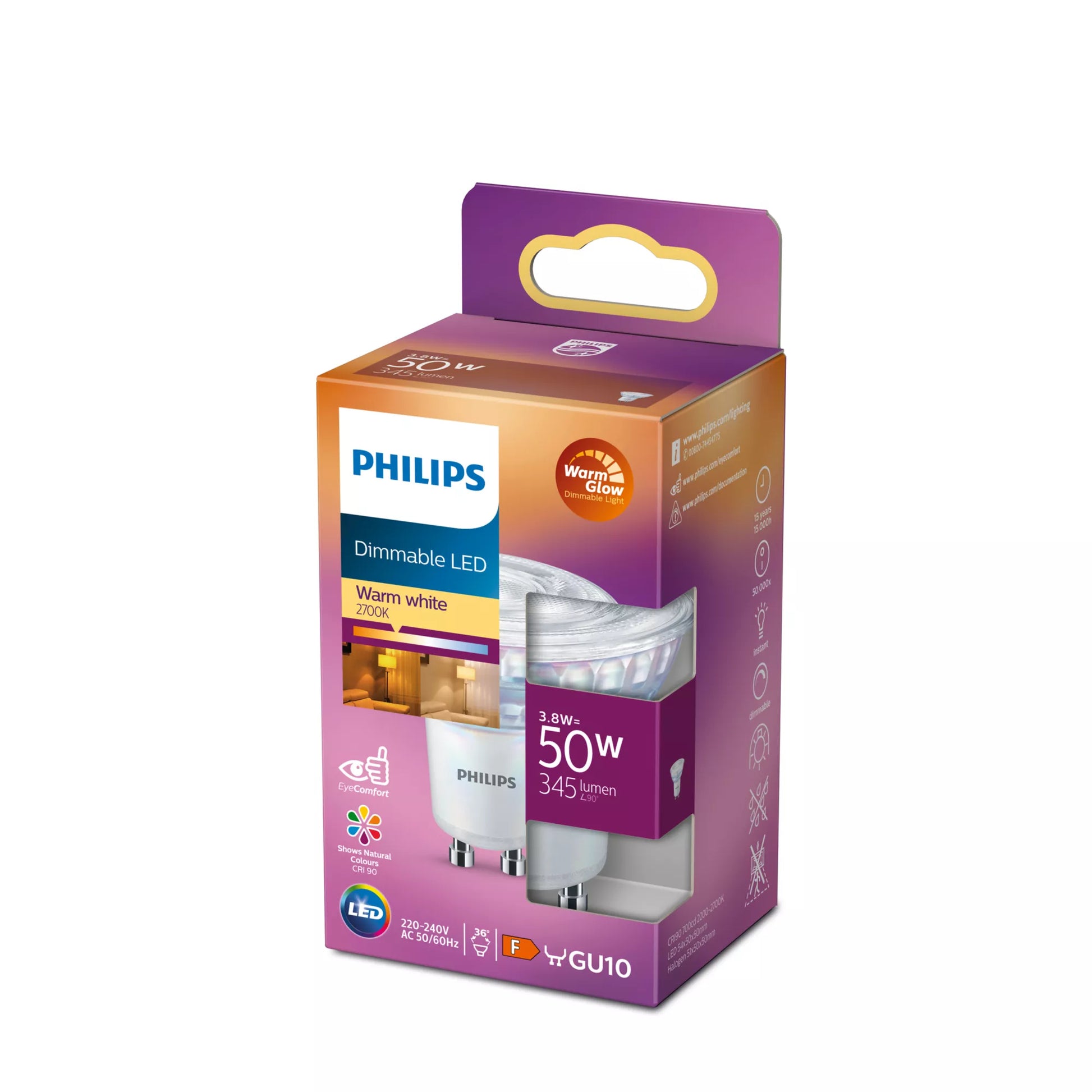 Philips by Signify Philips LED-Leuchtmittel GU10 Reflektor – Warmweiss 2200–2700 K, 345 lm, 3,8 W, dimmbar – 1 Stk. – Silber/Glas