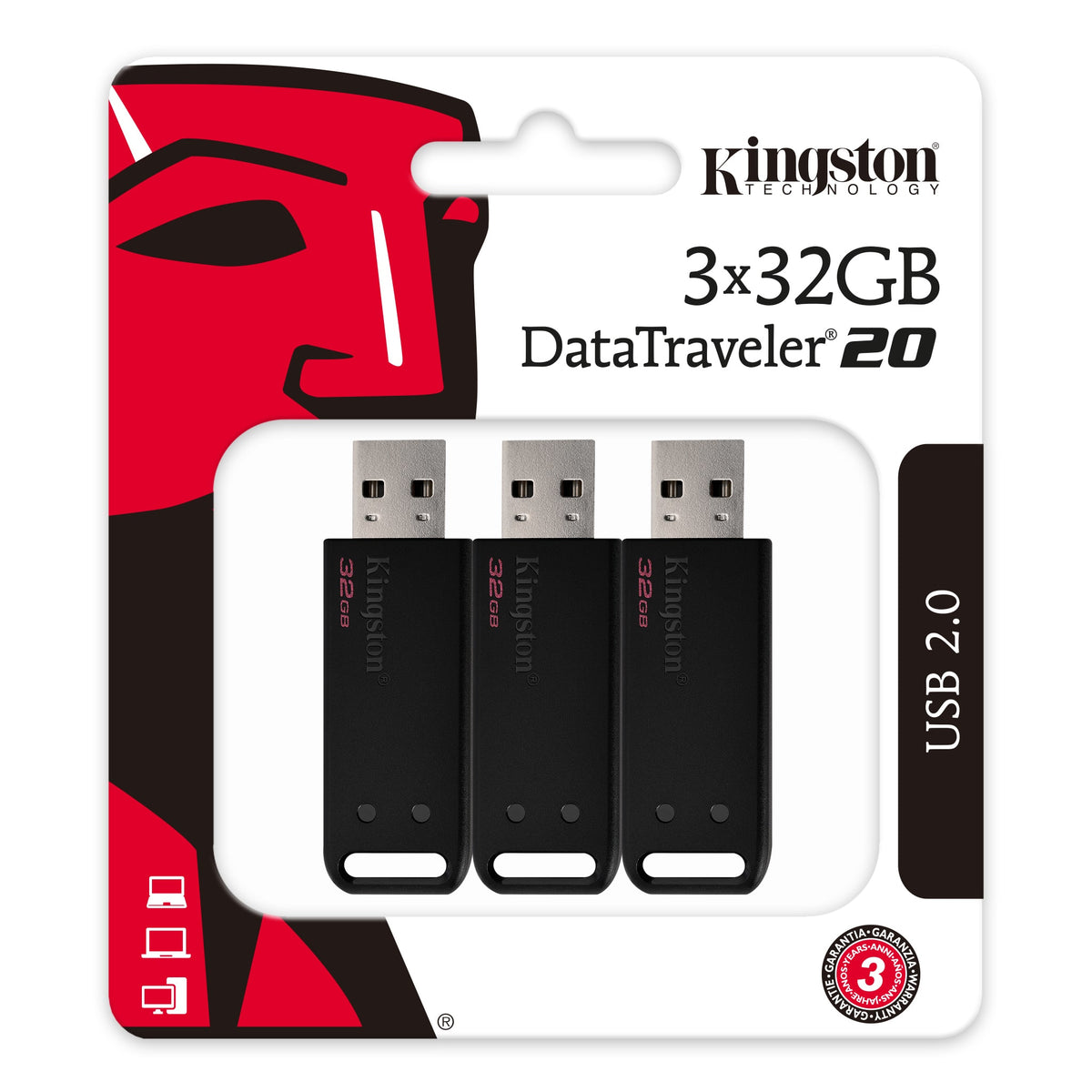 Kingston Technology Kingston DataTraveler DT20 – 32 GB USB 2.0, USB-A, 3er-Pack, Schwarz – für Windows, Mac OS, Linux, Chrome OS