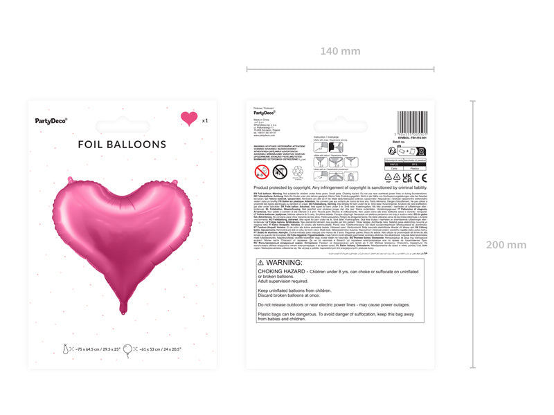 PartyDeco Folienballon Herz – rosa – 61 × 53 cm – 1 Stk