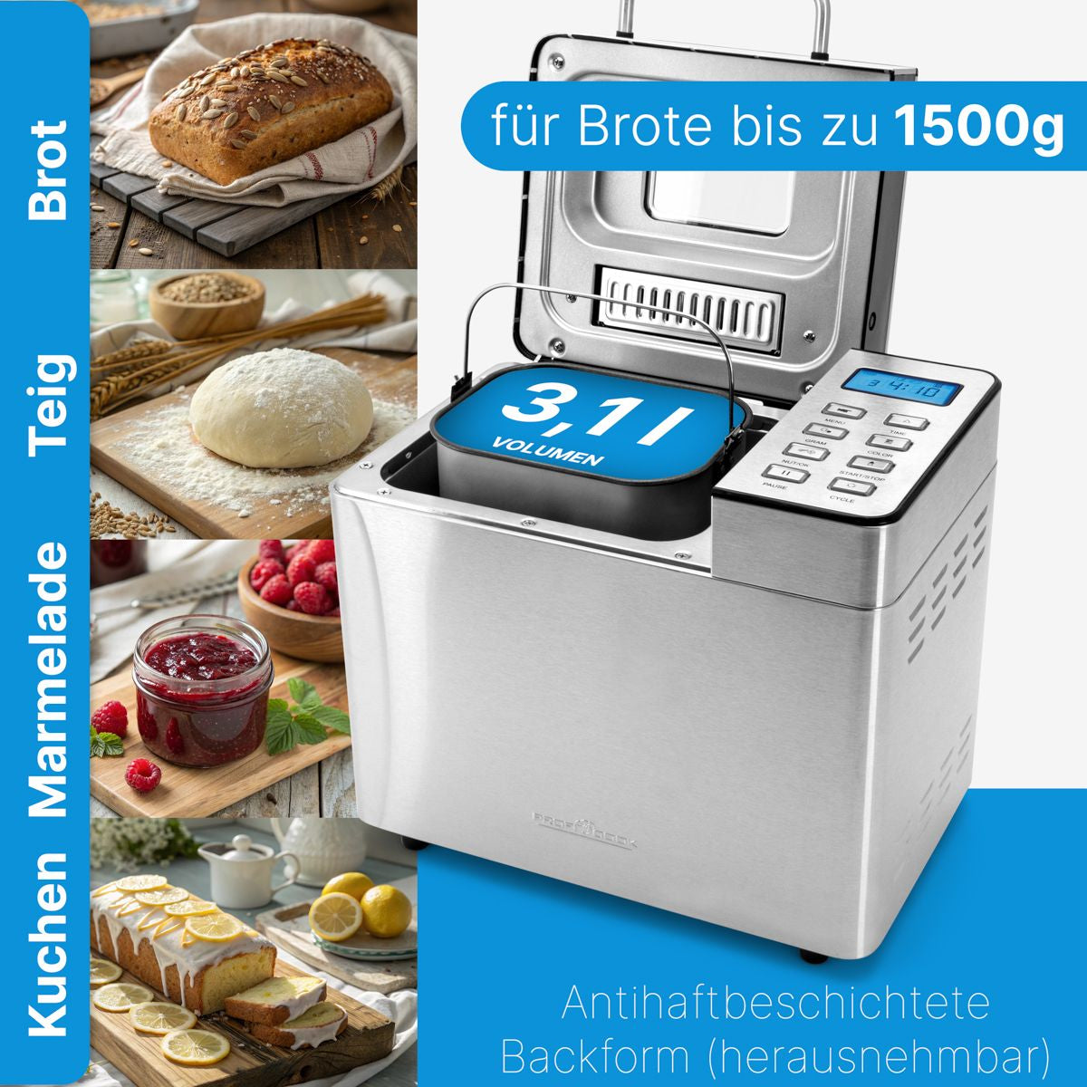 ProfiCook Brotbackautomat PC-BBA 1282 – 1,5 kg, 13 Programme, 550 W – silber/edelstahl