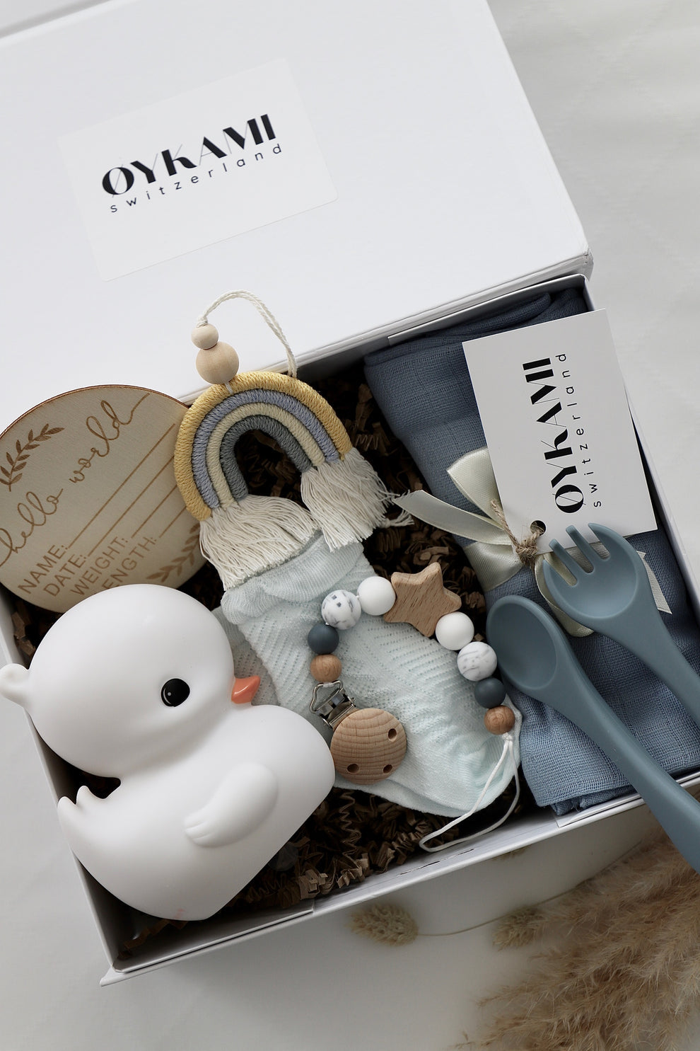 OYKAMI Geschenkbox – Organische Baumwolle, Holz – Blau, Weiss