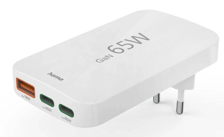 Hama 00201976 USB-Ladegerät 65 W – USB-C×2, USB-A×1 – PD, QC, GaN – für Laptop, Powerbank, Smartphone u. a.