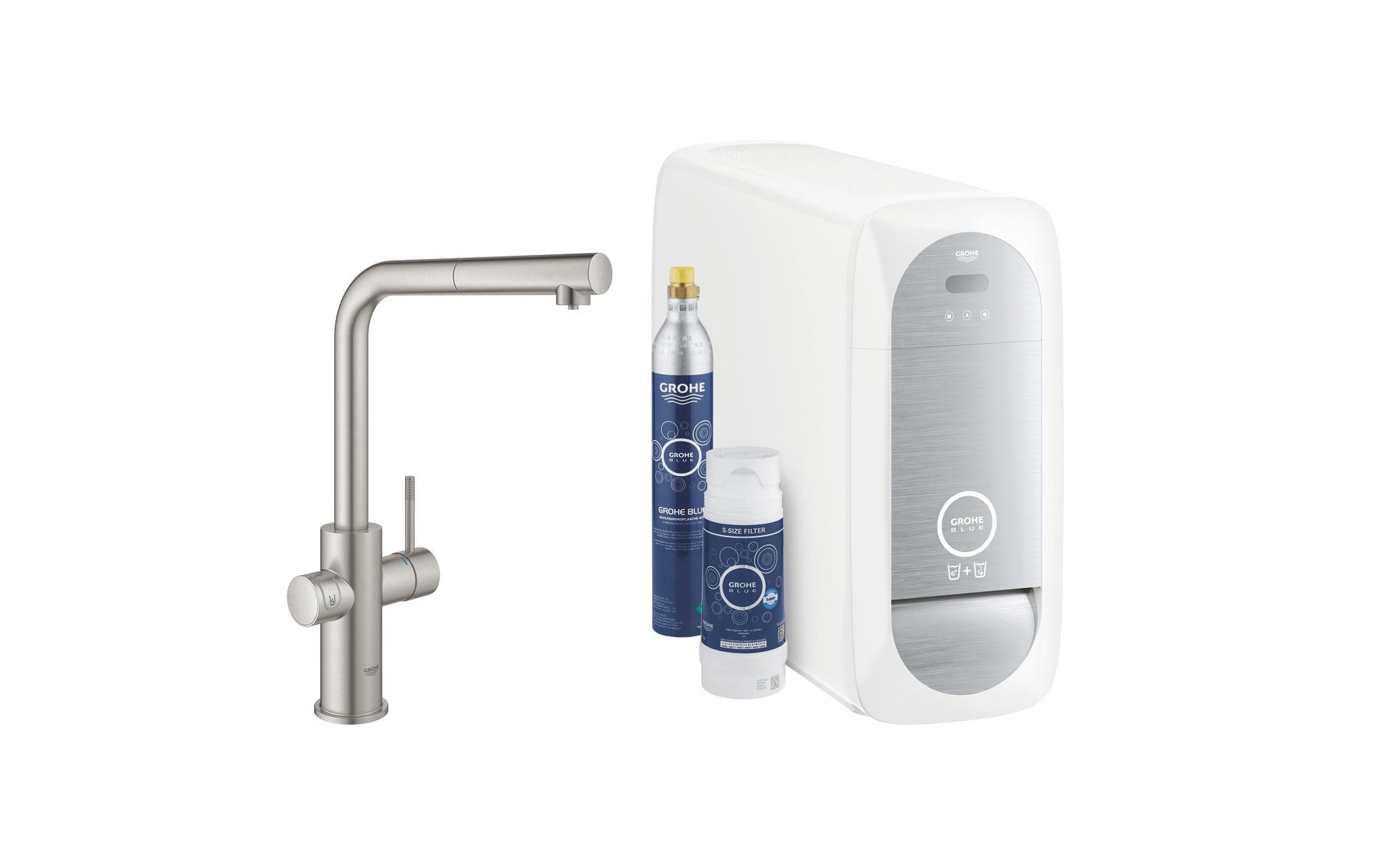 GROHE Einhebelmischer Blue Home L-Auslauf – Messing, 180 W, Silber
