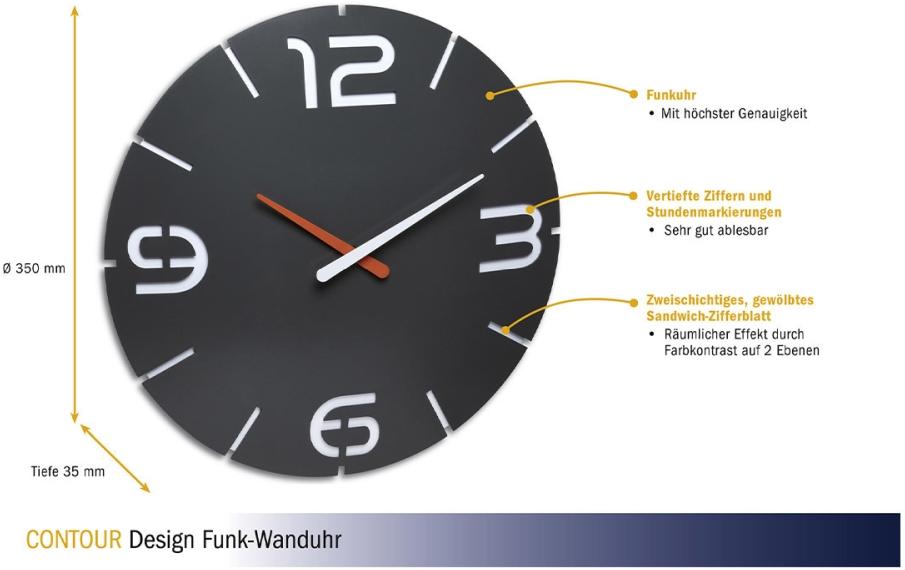 TFA-Dostmann TFA Dostmann CONTOUR Wanduhr – Funk, analog, Ø 35 cm, grau, Kunststoff