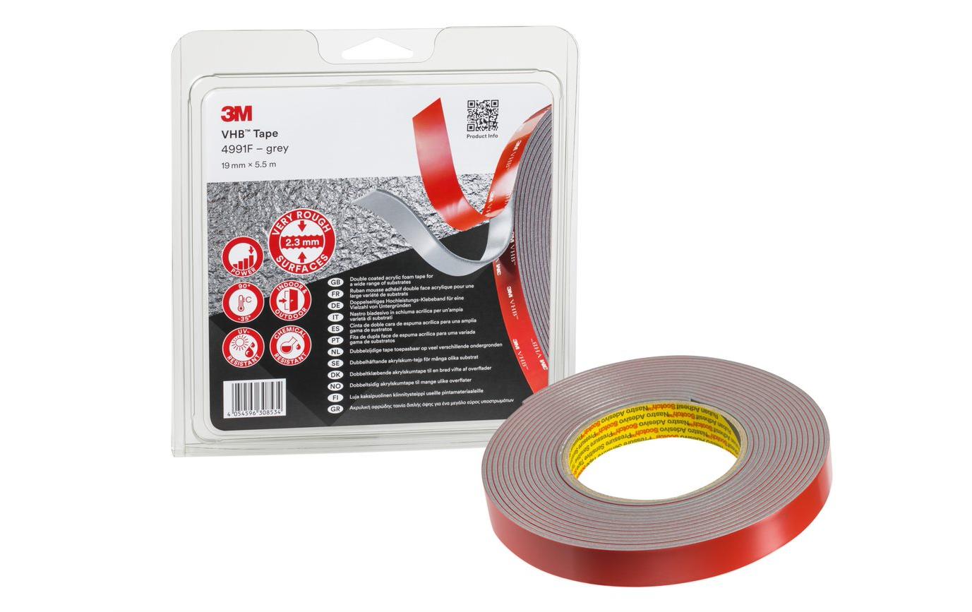 3M VHB Montageband sehr stark – 19 mm × 5,5 m, grau, für diverse Oberflächen, UV-beständig, wasserfest