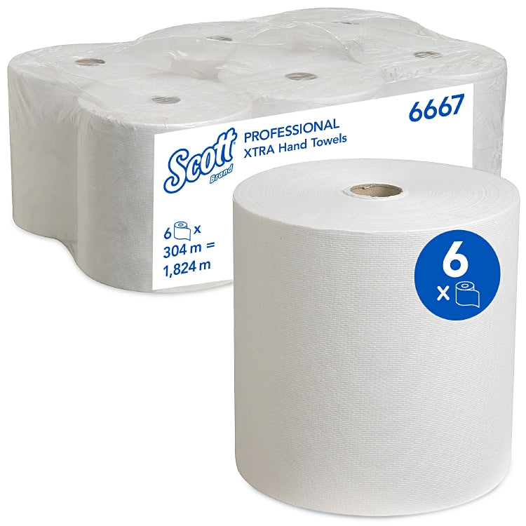 SCOTT Sports Scott – Handtuchrolle – 1-lagig, Weiss, Zellstoff – 200 mm × 304 m – Sack 6 Rollen – EU Ecolabel