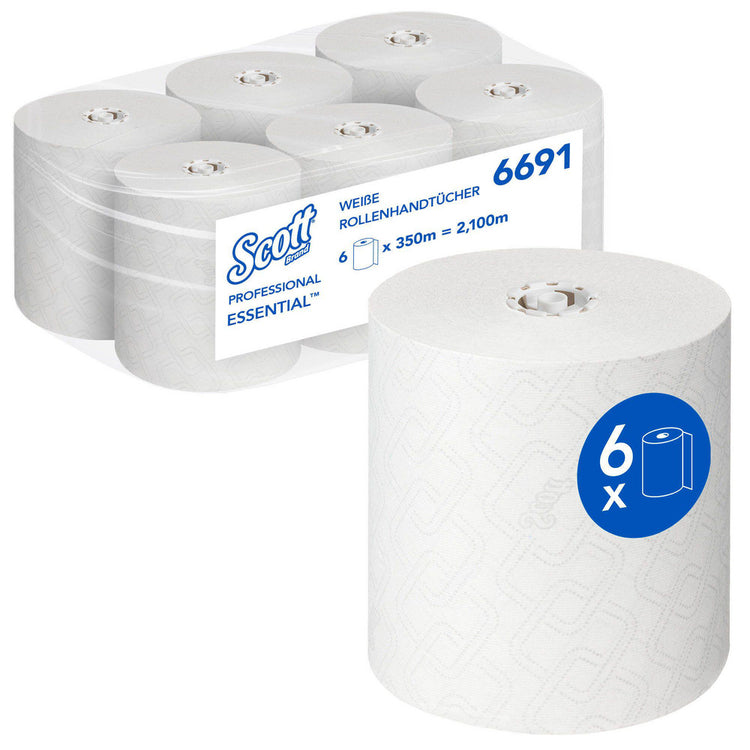 SCOTT Handtuchrolle – 1-lagig, Weiss – 198 × 350 m – Kern Ø 112 mm – Sack 6 Rollen – FSC, EU Ecolabel