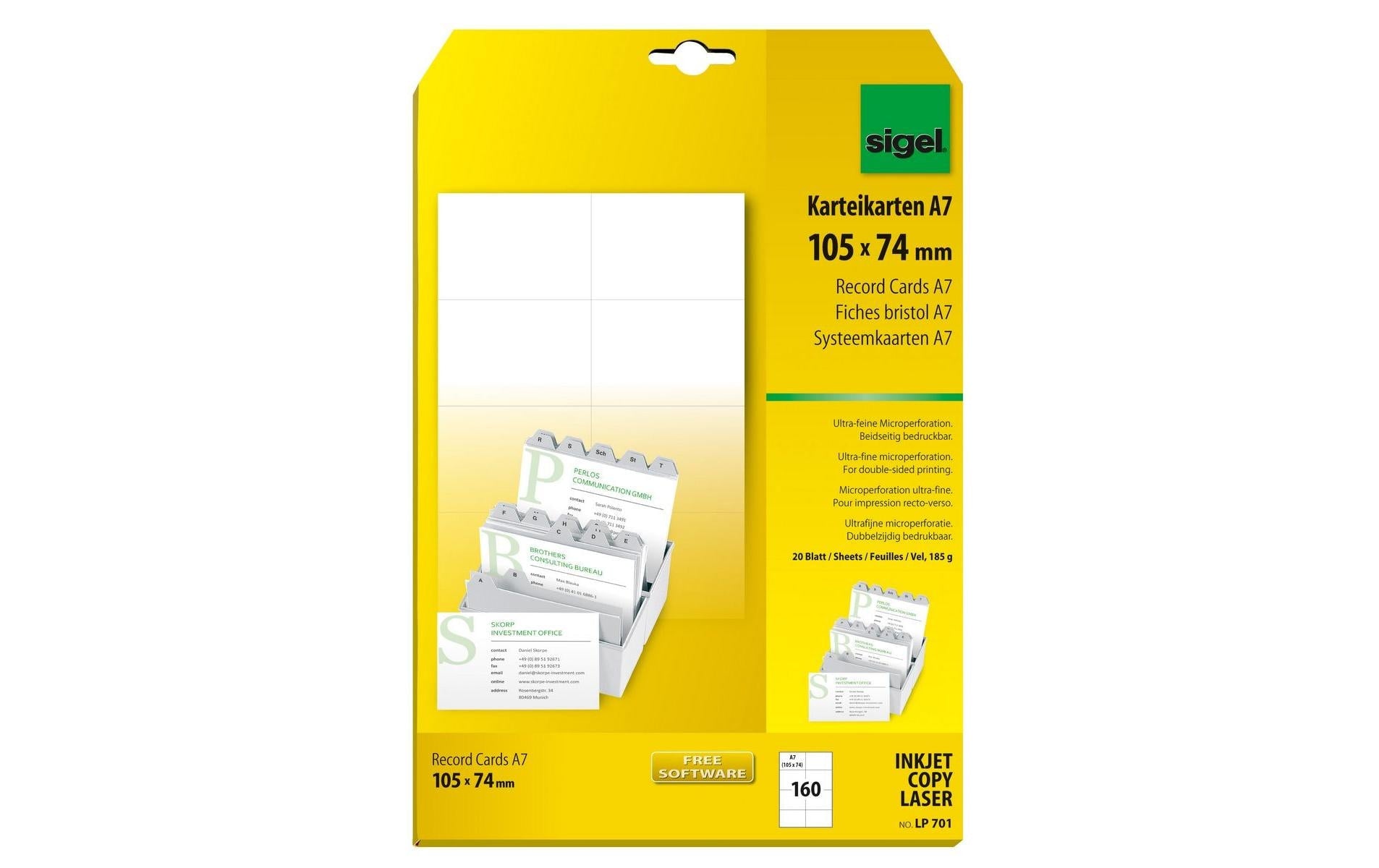 Sigel Karteikarte A7 quer, blanko, weiss, 185 g/m², Karteikarton – 20 Stück