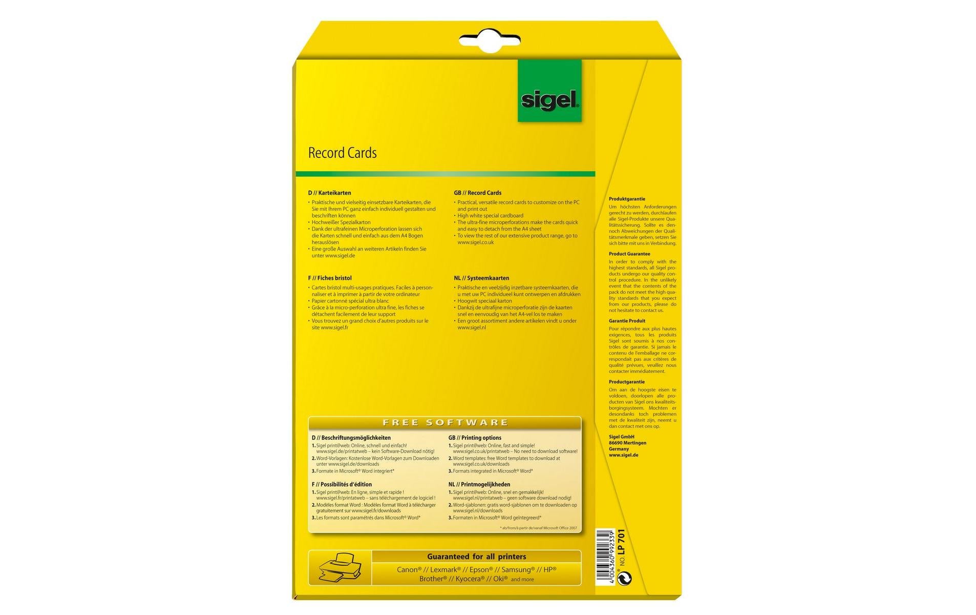 Sigel Karteikarte A7 quer, blanko, weiss, 185 g/m², Karteikarton – 20 Stück