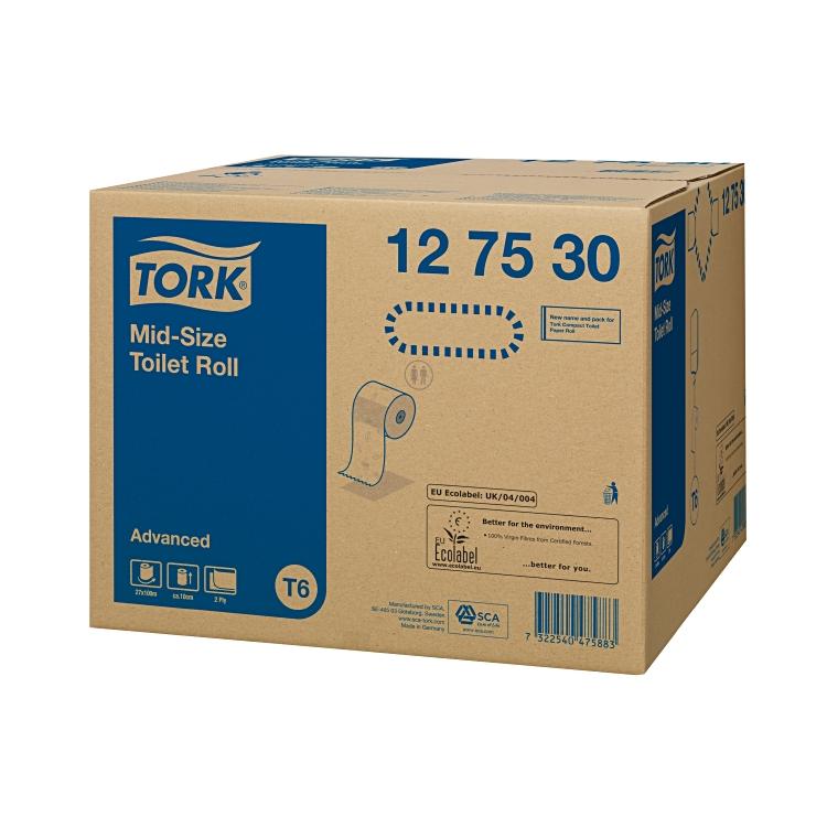 Tork Toilettenpapier Midi – 2-lagig, Rollenlänge 100 m, Rollendurchmesser 132 mm – für Tork T6 – 27 Rollen