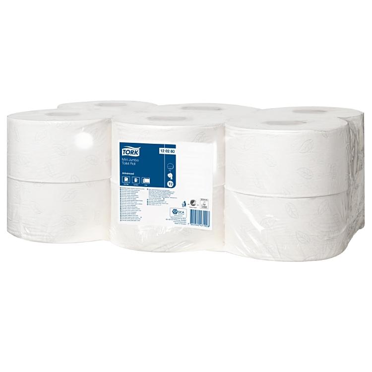 Tork Toilettenpapier Mini Jumbo – 2-lagig, Rollenlänge 170 m, 850 Blatt/Rolle – für Tork T2 – 12 Rollen