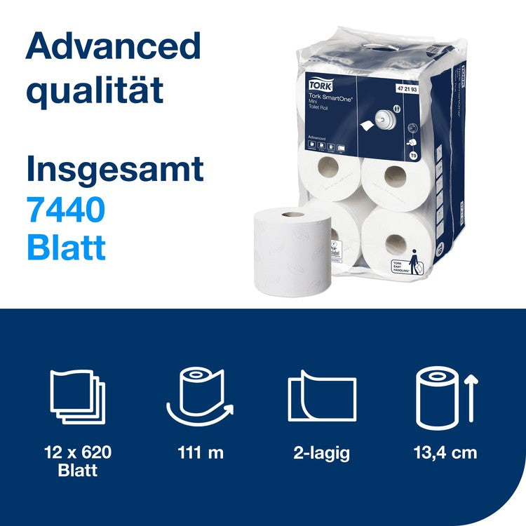 Tork Toilettenpapier SmartOne Mini – 2-lagig, Rollenlänge 111,6 m, 620 Blatt/Rolle – für Tork T9 SmartOne Mini