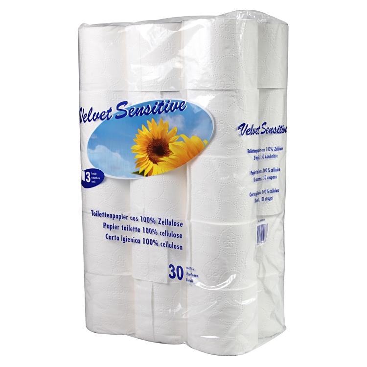 Velvet Sensitive Toilettenpapier – 3-lagig, Zellstoff, Blattgrösse 98 × 115 mm, 150 Blatt/Rolle – 30 Rollen
