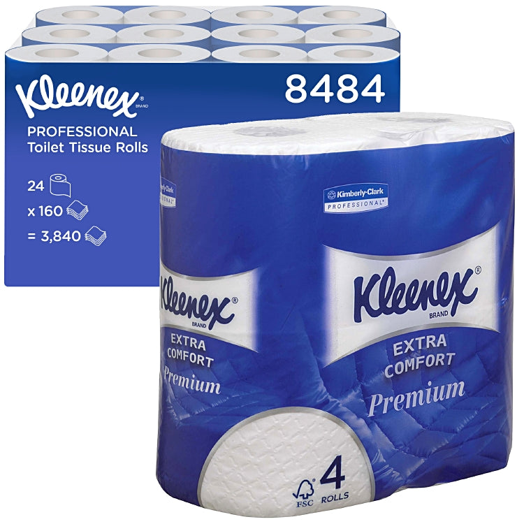 Kleenex Premium Toilettenpapier – 4-lagig, Blattgrösse 98 × 120 mm, 160 Blatt/Rolle – 24 Rollen
