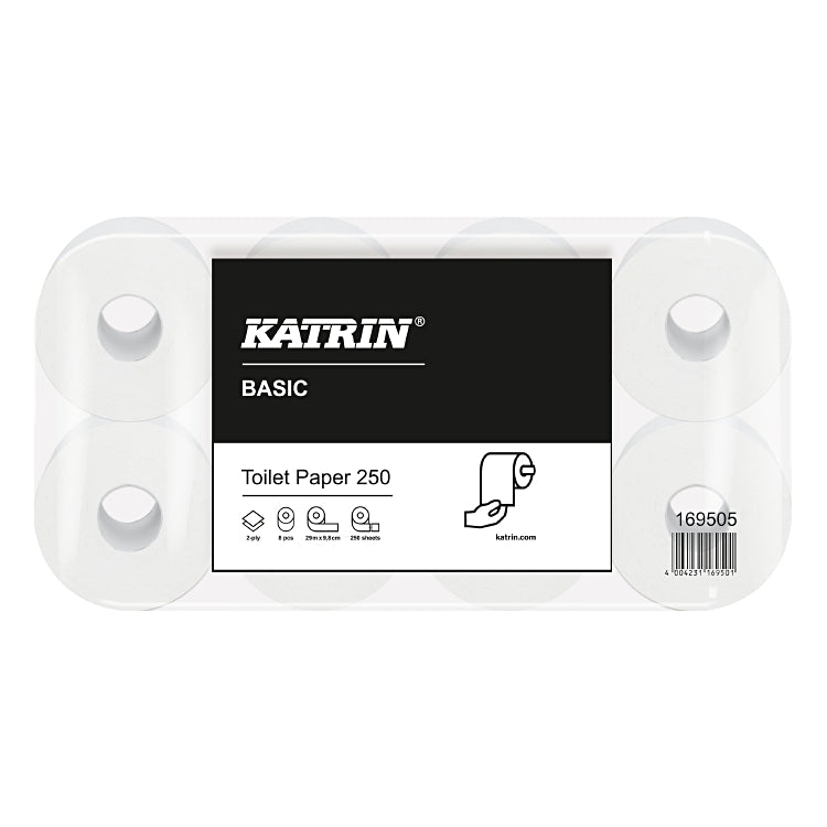Katrin Basic Toilettenpapier – 2-lagig, 250 Blatt/Rolle, Rollendurchmesser 105 mm – 64 Rollen