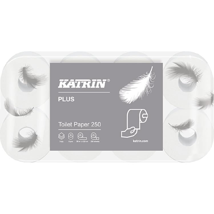 Katrin Plus Toilettenpapier – 3-lagig, Zellstoff, Blattgrösse 95 × 120 mm, 250 Blatt/Rolle – 8 Rollen