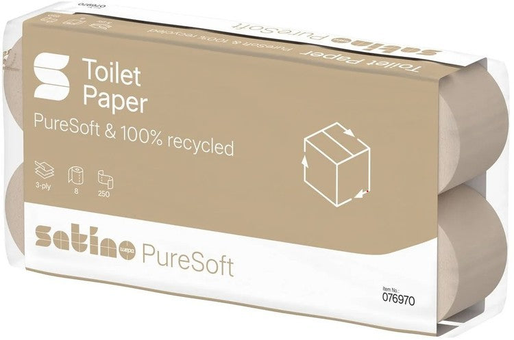 Satino PureSoft Toilettenpapier – 3-lagig, Recycling, Blattgrösse 94 × 110 mm, 250 Blatt/Rolle – 64 Rollen