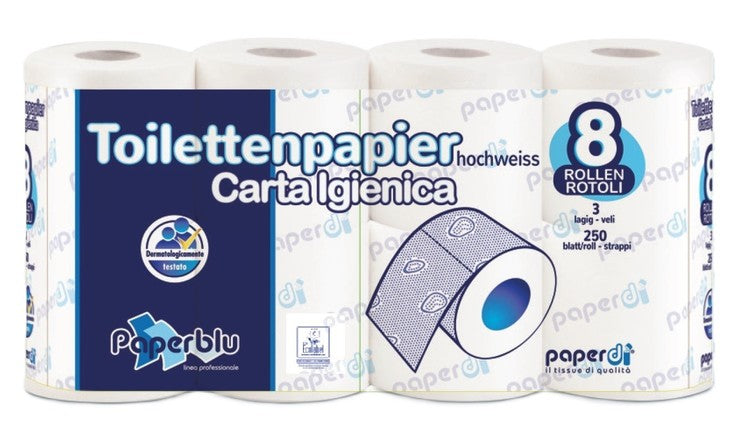 Toilettenpapier – 3-lagig, Blattgrösse 93 × 110 mm, 250 Blatt/Rolle – 64 Rollen