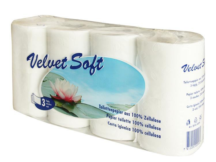 VelvetSoft Toilettenpapier – 3-lagig, Zellstoff, Blattgrösse 93 × 120 mm, 250 Blatt/Rolle – 64 Rollen