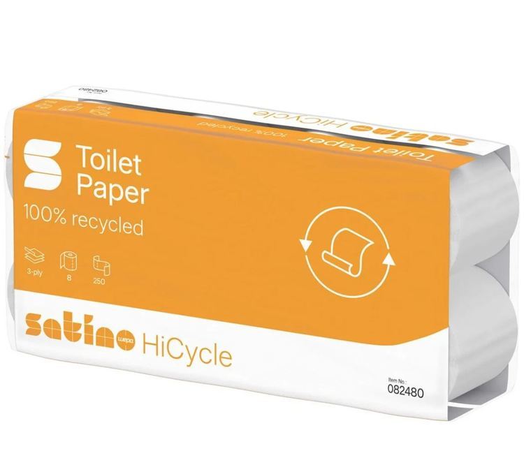 Satino HiCycle Toilettenpapier – 3-lagig, Recycling, 250 Blatt/Rolle – 64 Rollen
