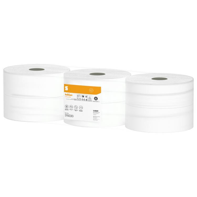 Satino HiCycle Toilettenpapier Jumbo – 2-lagig, Recycling, Rollenlänge 380 m, 1520 Blatt/Rolle – 6 Rollen