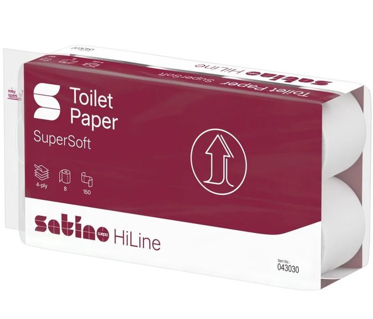 Satino HiLine Toilettenpapier – 3–4-lagig, Zellstoff, gestepptes Blumenmuster, 150 Blatt/Rolle – 72 Rollen