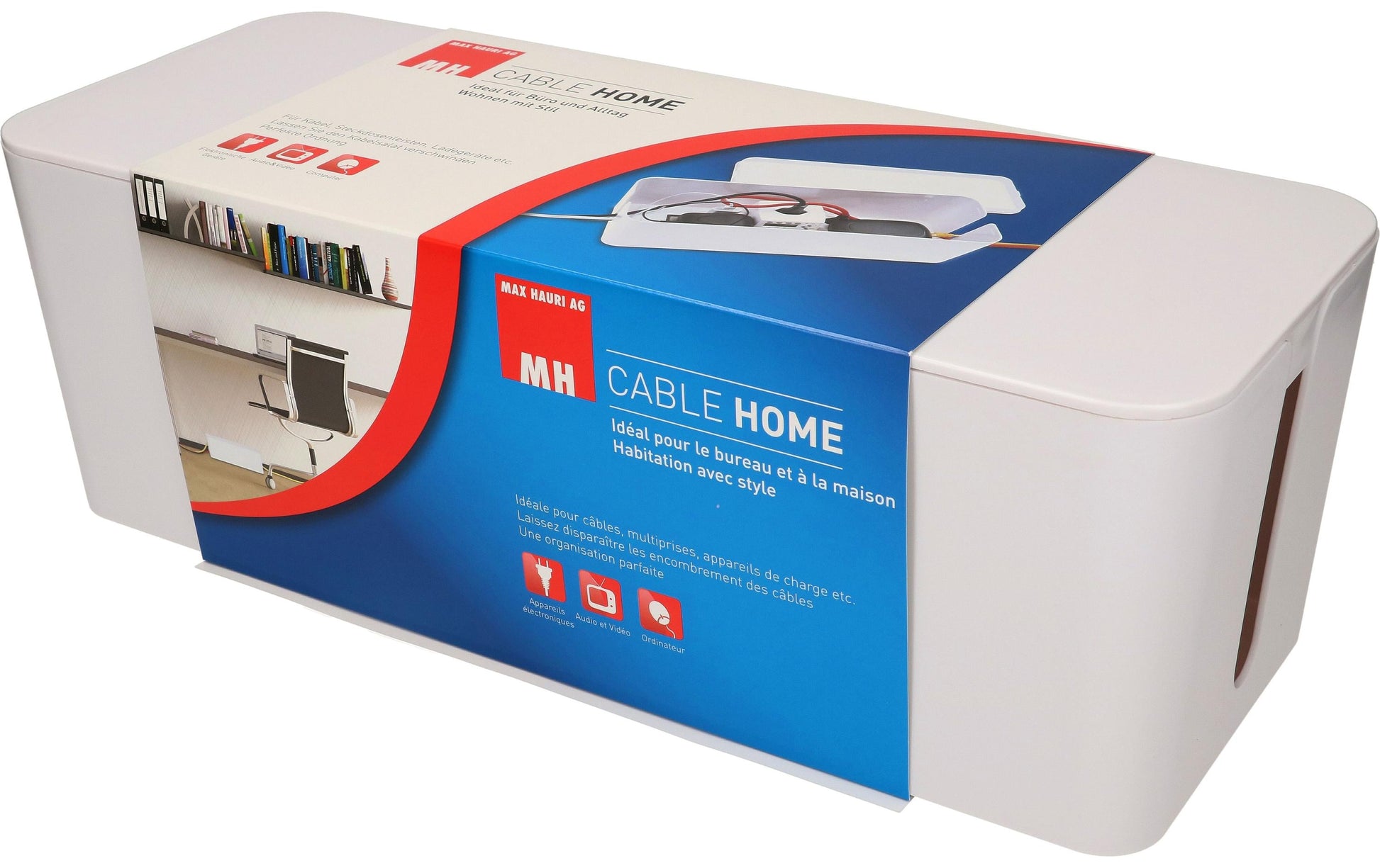 Max Hauri AG Max Hauri Kabelbox – mit Steckerleiste (7 AC-Ausgänge), Ein-/Ausschalter – Kunststoff – Weiss – 138 × 155 × 40