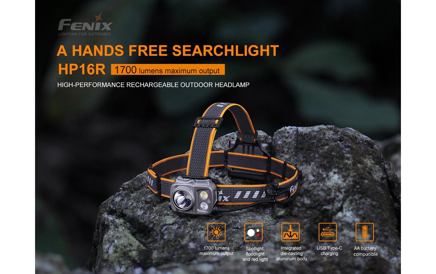 Fenix Stirnlampe HP16R – 1250 lm, 255 m, IP66, Laufzeit 300 h – Grau