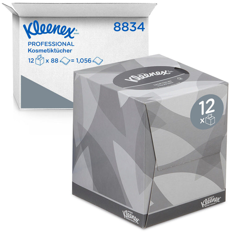 Kleenex Kosmetiktücher Würfelbox – 2-lagig, Zellstoff, Weiss, 211 × 201 mm – 12 Boxen à 88 Tücher