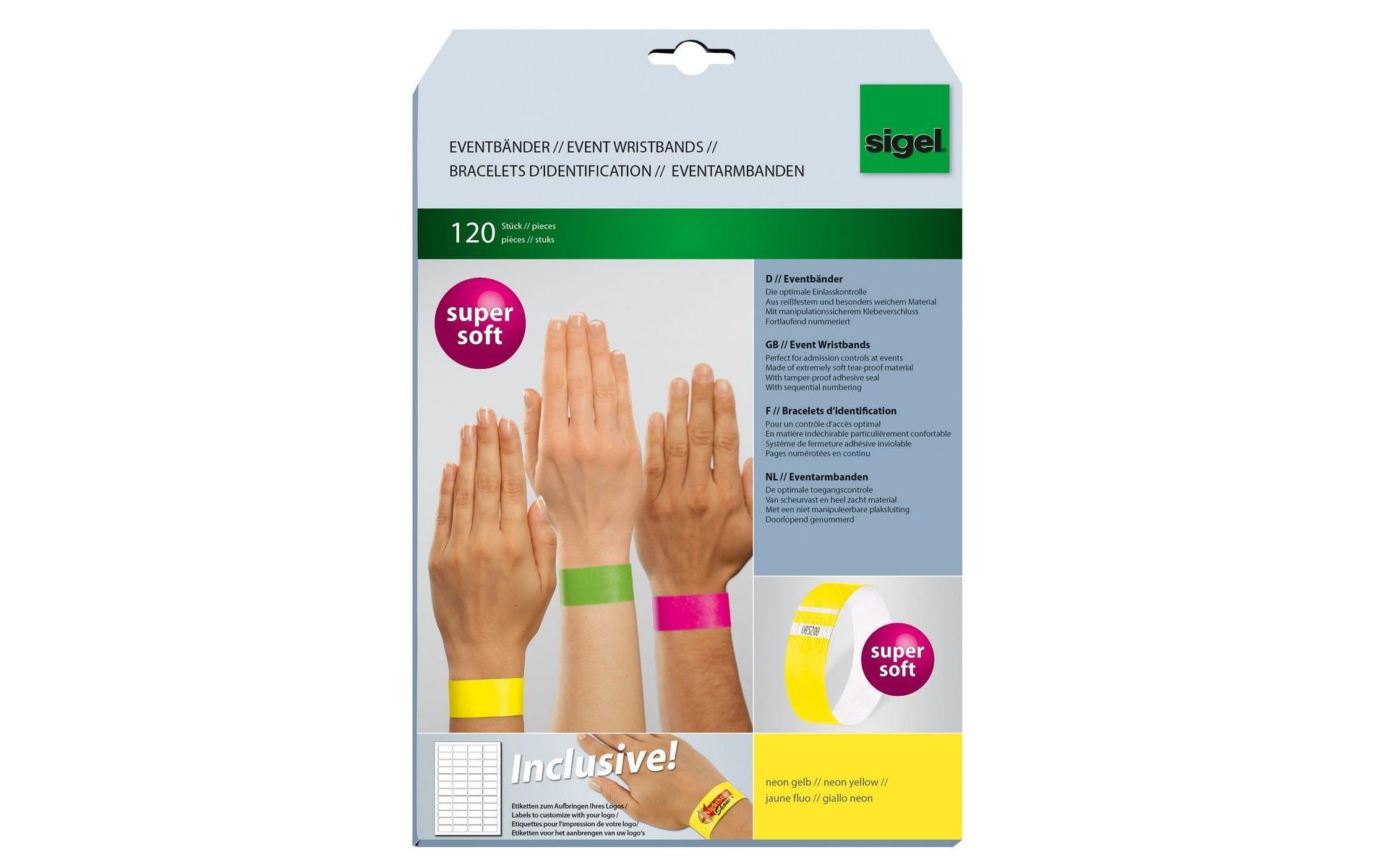 Sigel Eventband – 25 × 255 mm, Neongelb, Kunststoff, fortlaufend nummeriert – 120 Stk