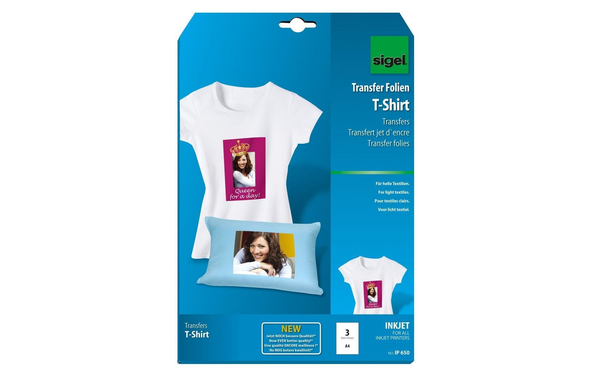 Sigel Transferpapier – für Inkjetdrucker, für helle Textilien, A4, waschbar bis 40 °C, 3 Blatt