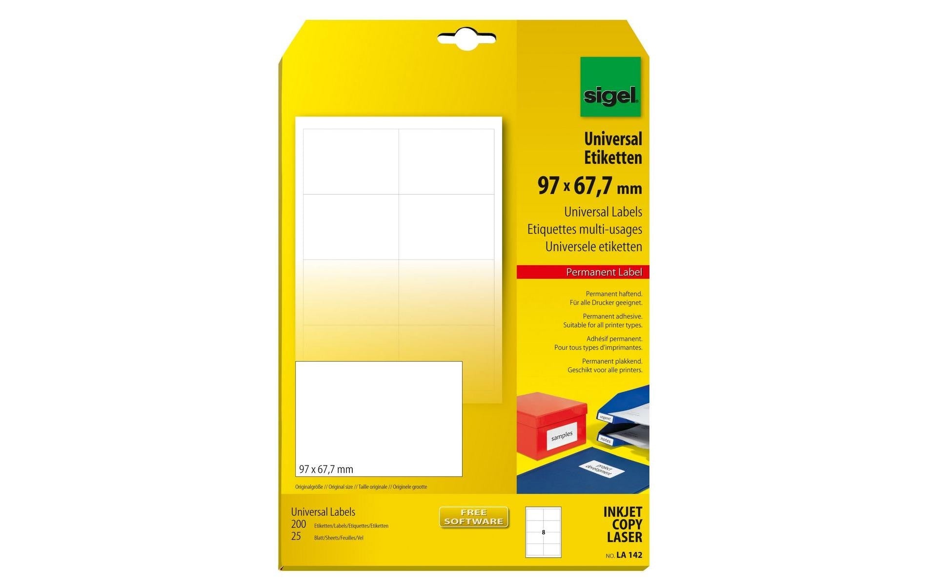 Sigel LA142 – Etiketten A4 97 × 68 mm – Papier, weiss – permanent haftend – 8 pro Blatt, 25 Blätter (200 Stk.)