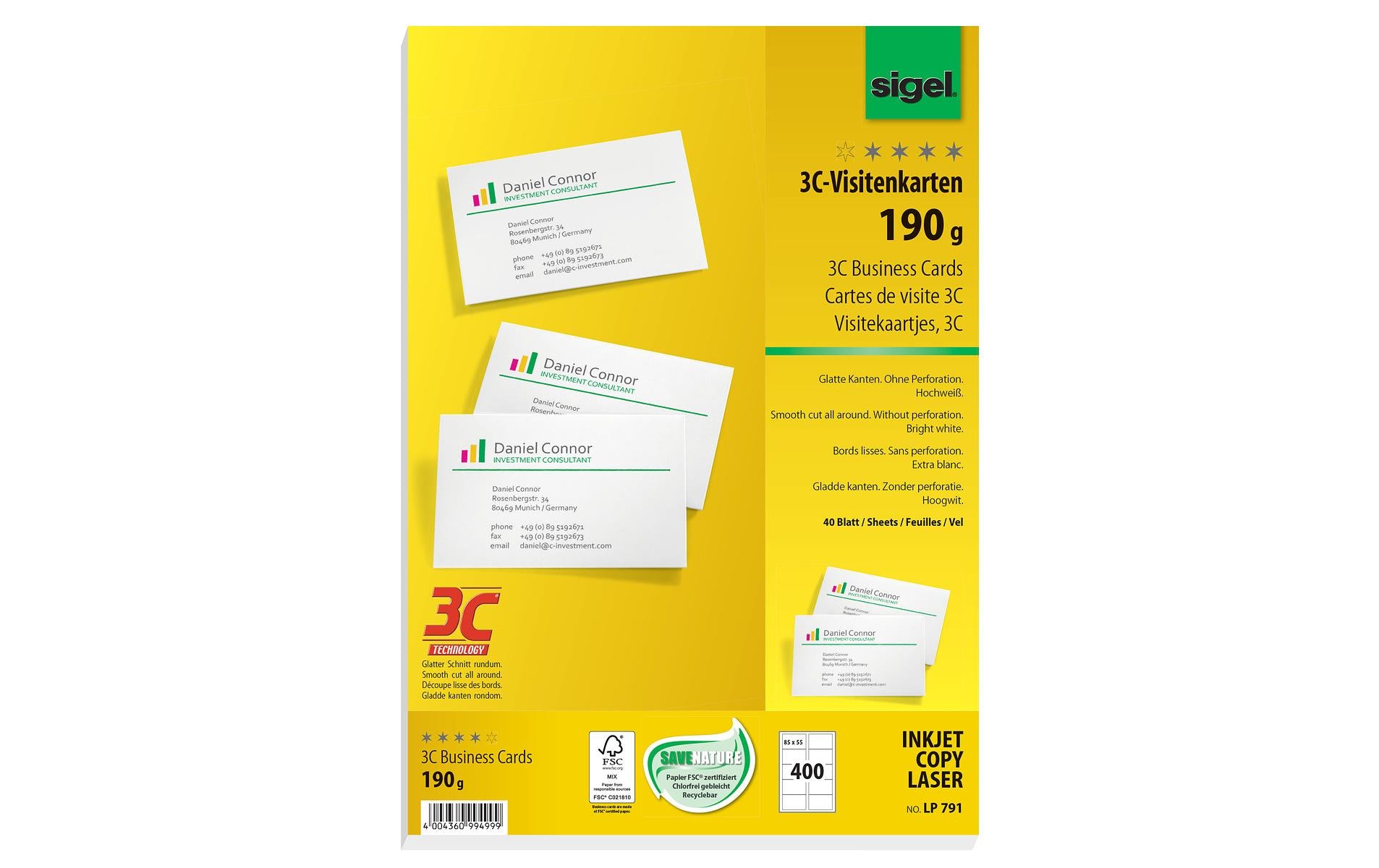 Sigel Visitenkarten, 85 × 55 mm, 190 g/m² – für Laser/Inkjet/Kopierer – A4, 10/Blatt – 400 Karten