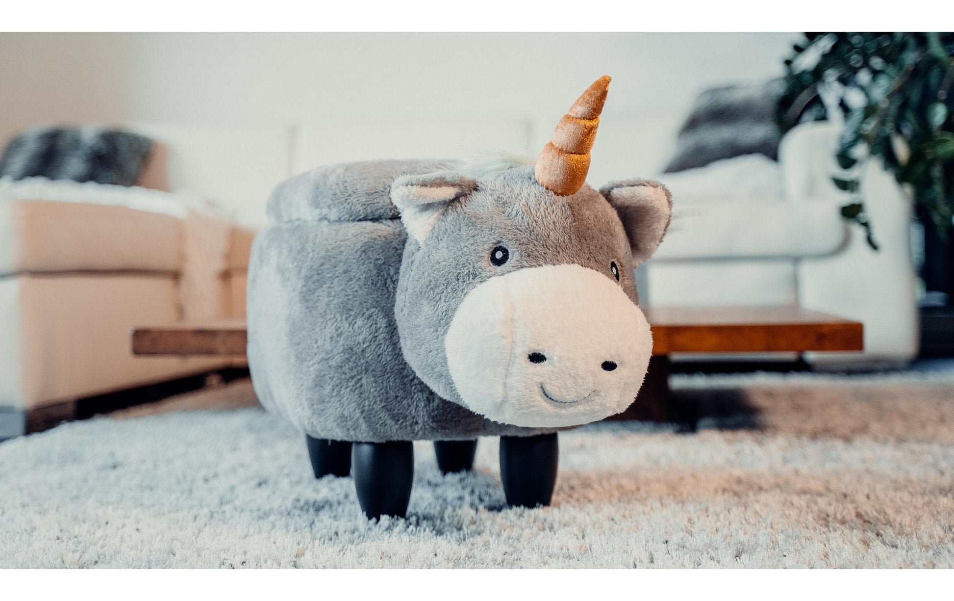Zoosy Einhorn Hocker – B 71 × T 35 × H 36 cm – Schaumstoff, Textil, Gummi, Holz, Grau – für Kinder