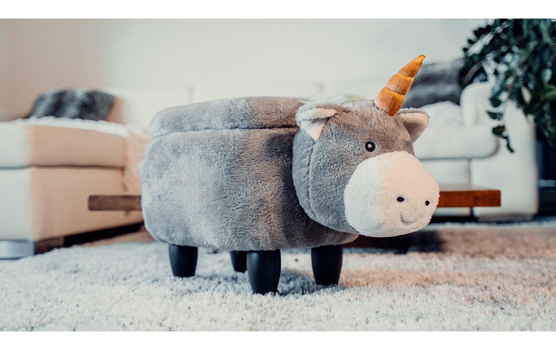 Zoosy Einhorn Hocker – B 71 × T 35 × H 36 cm – Schaumstoff, Textil, Gummi, Holz, Grau – für Kinder