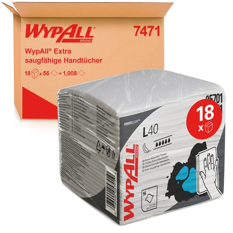 WypAll Wischtuch L40 – Zellulose-Latex-Mix, 1-lagig, 31,8 × 30,5 cm, weiss, 1008 Stk.