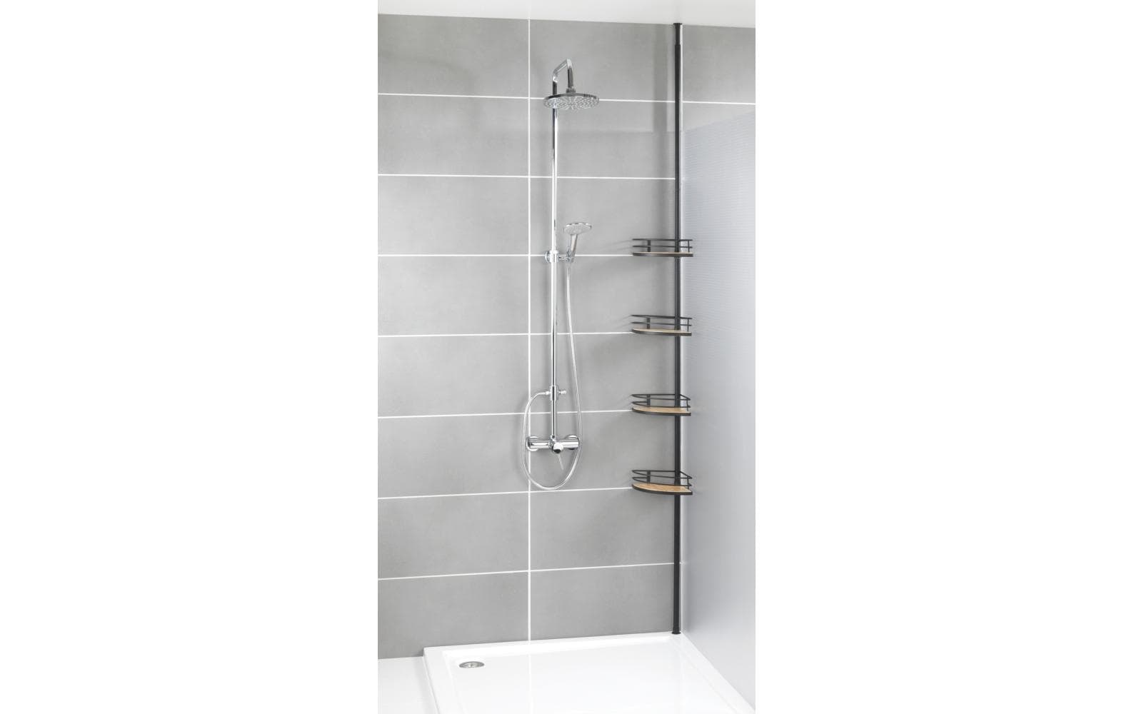 WENKO Aufbewahrungsbox (Bad) – 31×23×65–275 cm, Bambus, Edelstahl, Klemmen, Dreieck, Schwarz/Holz