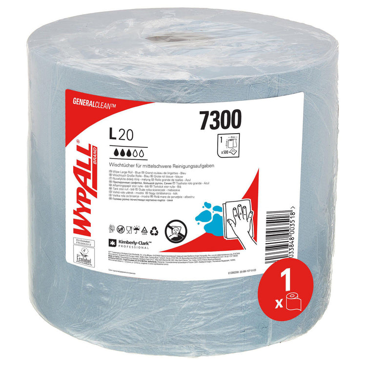 WypAll Wischtuchrolle L20 Extra – 2-lagig – 23,5 × 38 cm – 500 Blatt – Blau – 1 Rolle