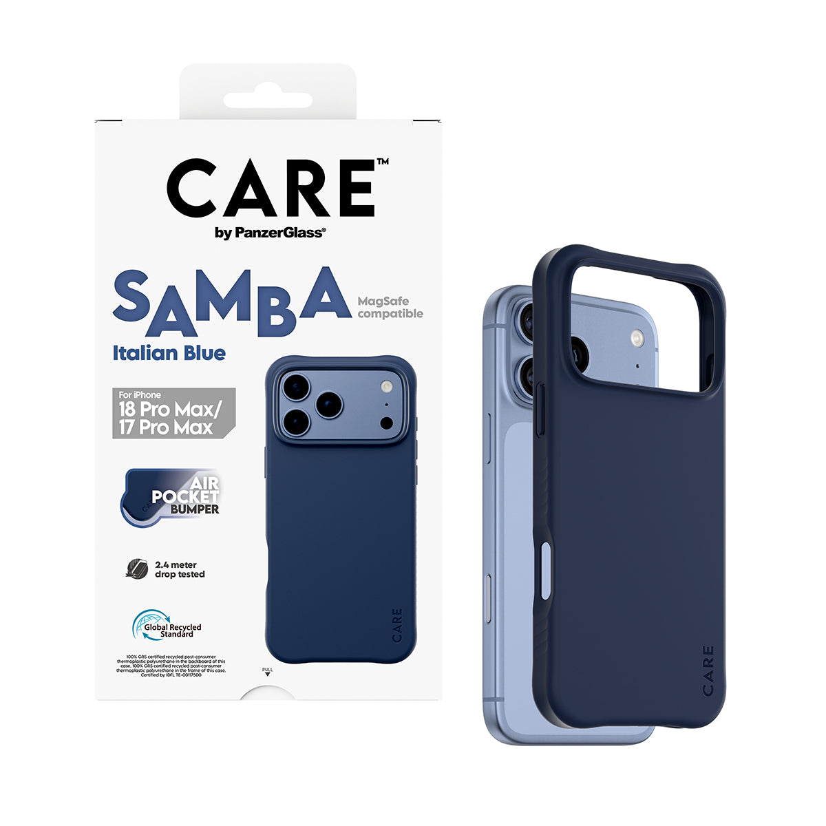 PanzerGlass CARE Samba Backcover – für Apple iPhone 17 Pro Max / iPhone 18 Pro Max, TPU, Italian Blue