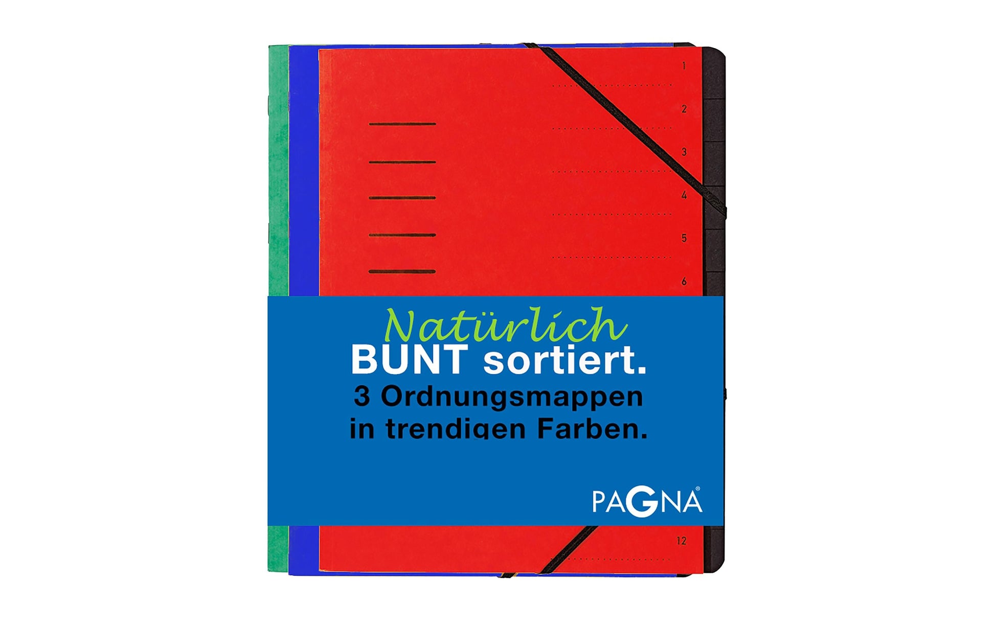 Pagna Fächermappe – 12 Fächer, Karton, mehrfarbig, 3 Stk.
