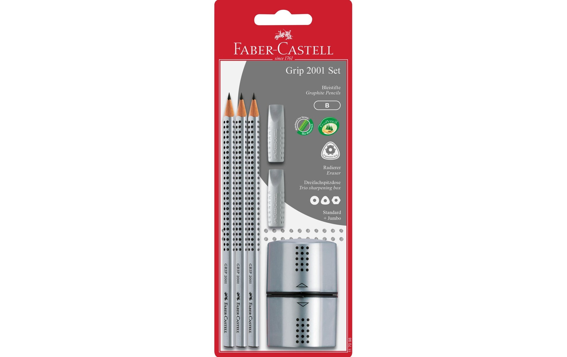 Faber-Castell Grip 2001 Schreibset B – mit Spitzer & Radierer