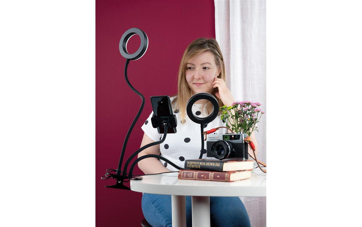 Dörr LED Selfie Ringlicht Bi-Color – 200 lm, 3800–6800 K, dimmbar, 40 LEDs, USB, Smartphone-Halter
