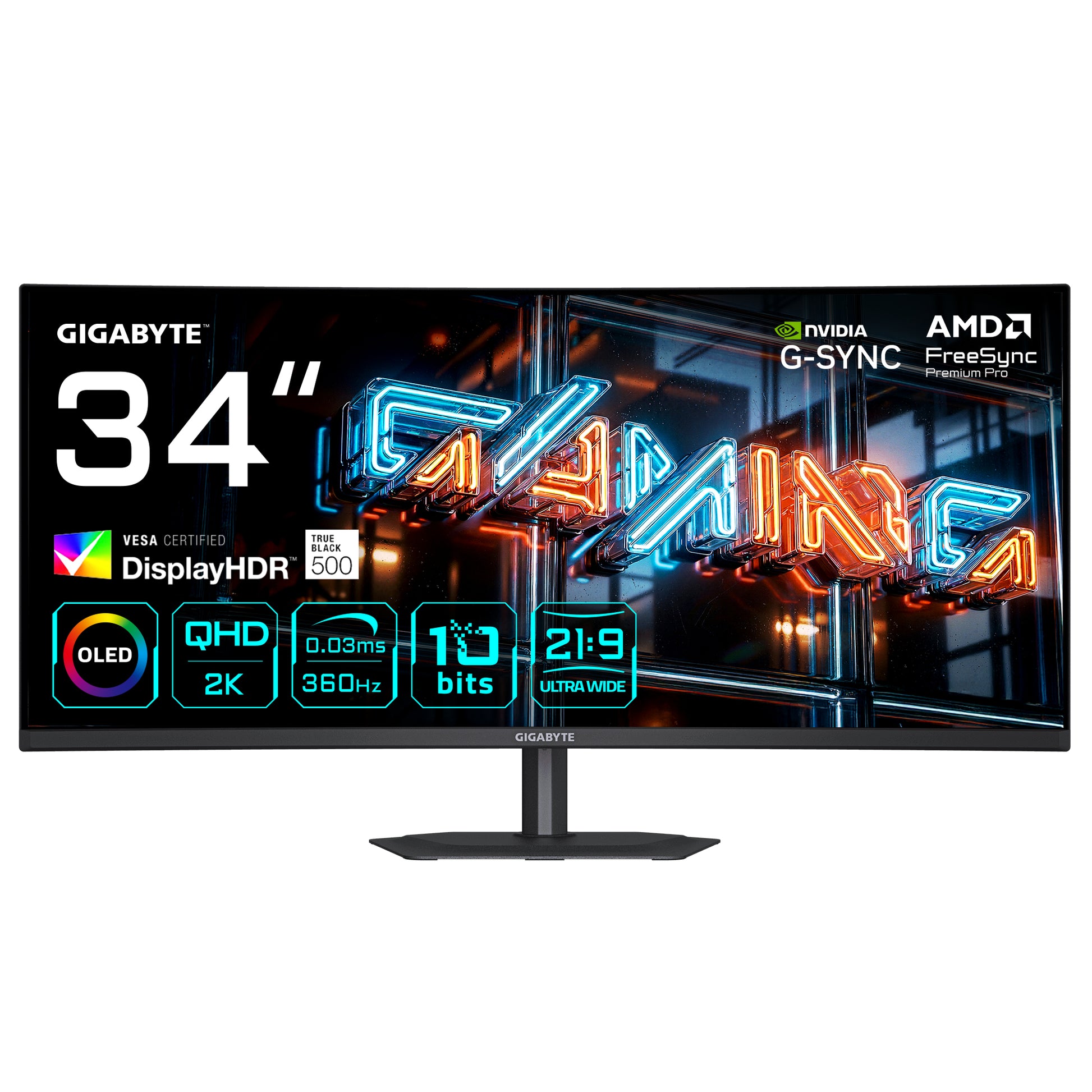 GIGABYTE MO34WQC36 – 34" Gebogen, 3440 × 1440 (UWQHD), OLED, 360 Hz, KVM, DisplayHDR True Black 500